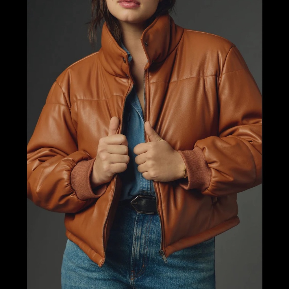 Anthropologie Faux Leather Brown Puffer Jacket Women’s 2X